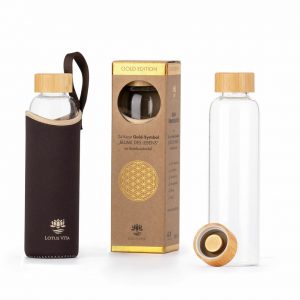Gold Edition Glas-Bambus Trinkflasche - mit Deluxe Hülle in Braun-Schwarz