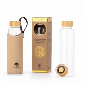 Gold Edition Glas-Bambus Trinkflasche - mit Deluxe Hülle in Creme-Braun