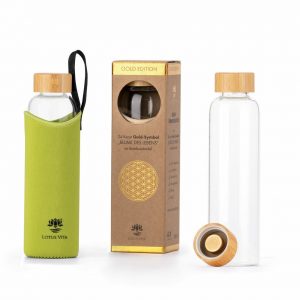 Gold Edition Glas-Bambus Trinkflasche - mit Deluxe Hülle in Grün-Schwarz